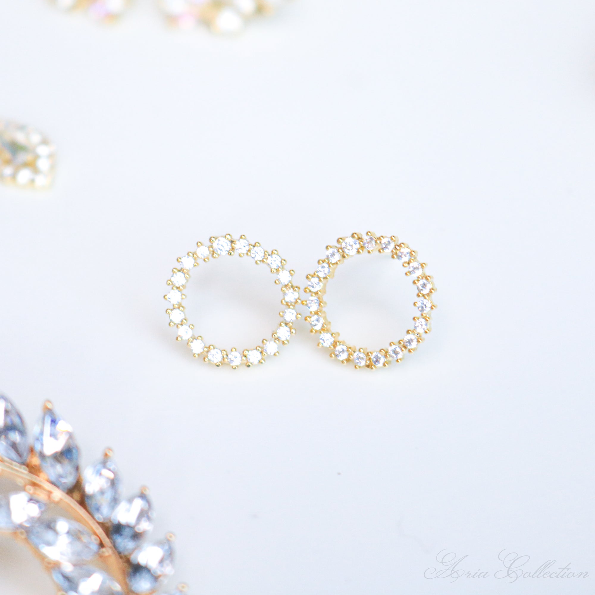 Gold Crystal Circle Stud Earrings