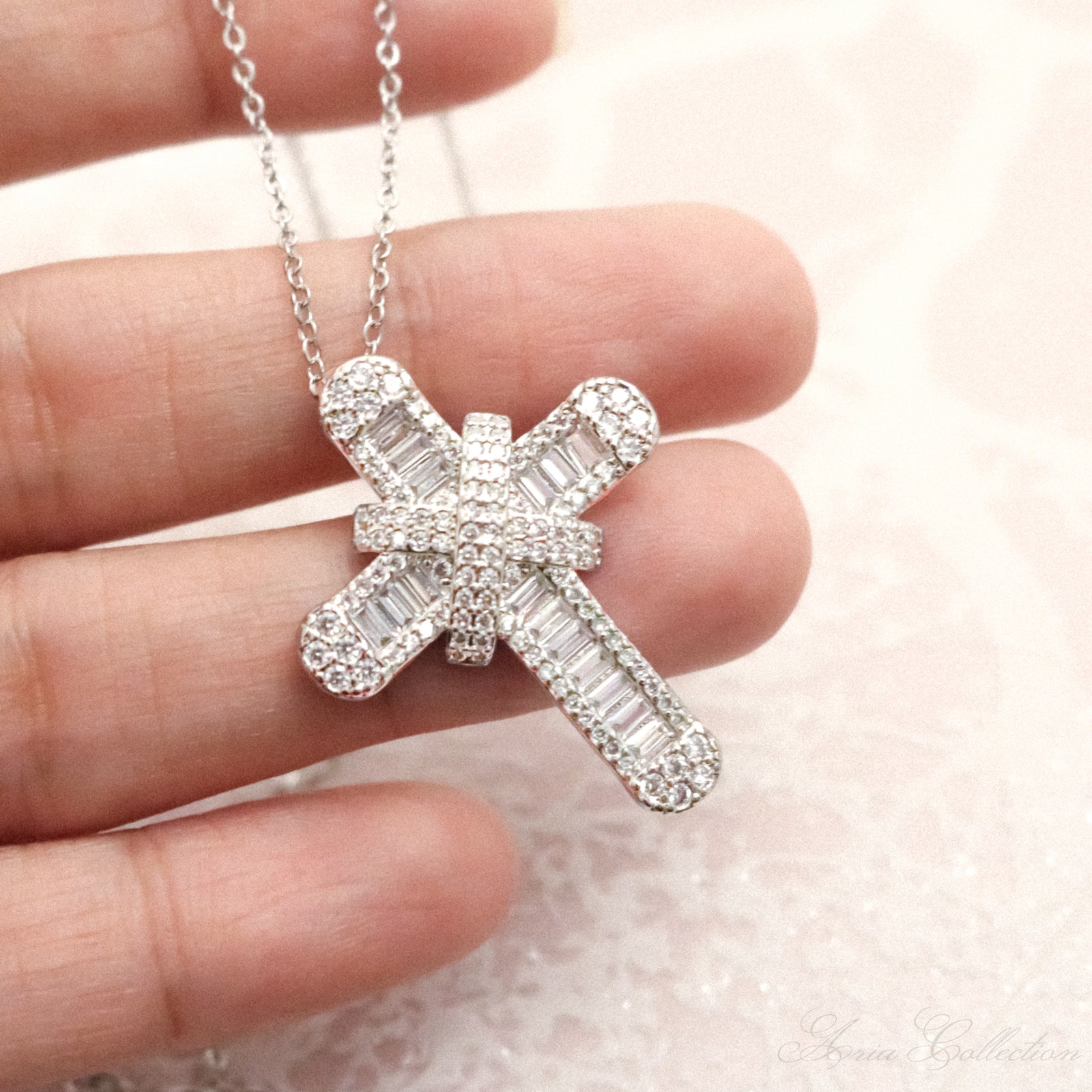 Silver Crystal Cross Necklace
